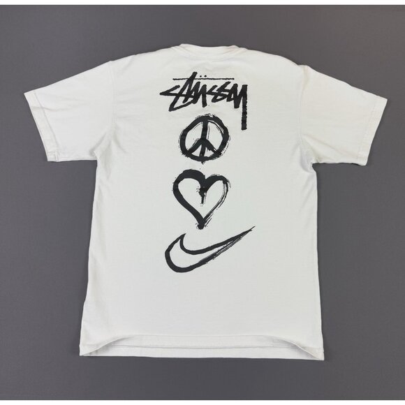 Nike x Stussy Collab Peace Love Swoosh Art White Shirt XSmall Size Rare Hype - Picture 1 of 15